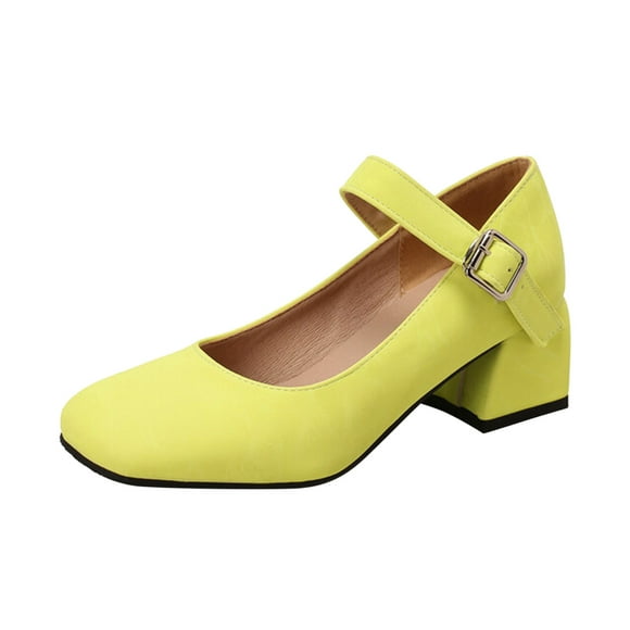 Kcodviy Ladies Solid Color Leather Heels Closed Toe Buckle Round Toe Thick Slingback Pumps High Heeled Shoes