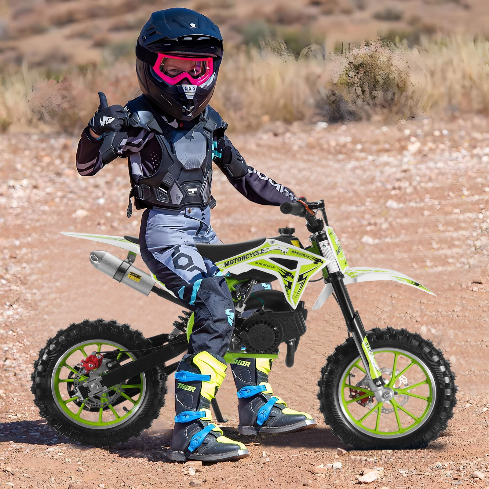WETLA 49cc Kids Dirt Bike, 2-Stroke Gas Power Motocross, Off Road Mini Motorcycle, Children Pocket Motorbike with Front Rear Disc Brakes, Pull Start