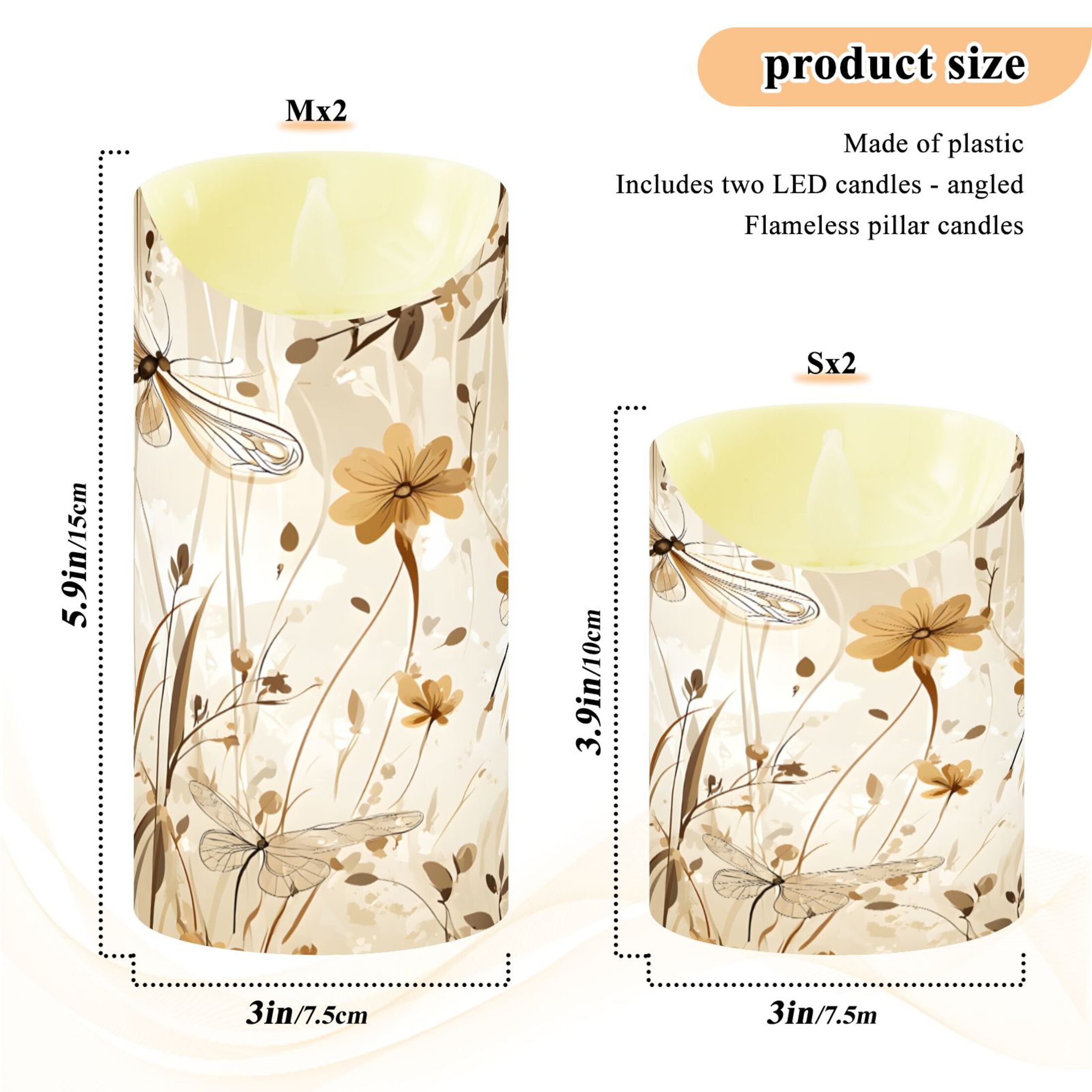 Dragonflies and Flowers Flameless Candles 2 PCS with Remote Realistic Moving Flame LED Tapered Pillar Set for Home Decor
