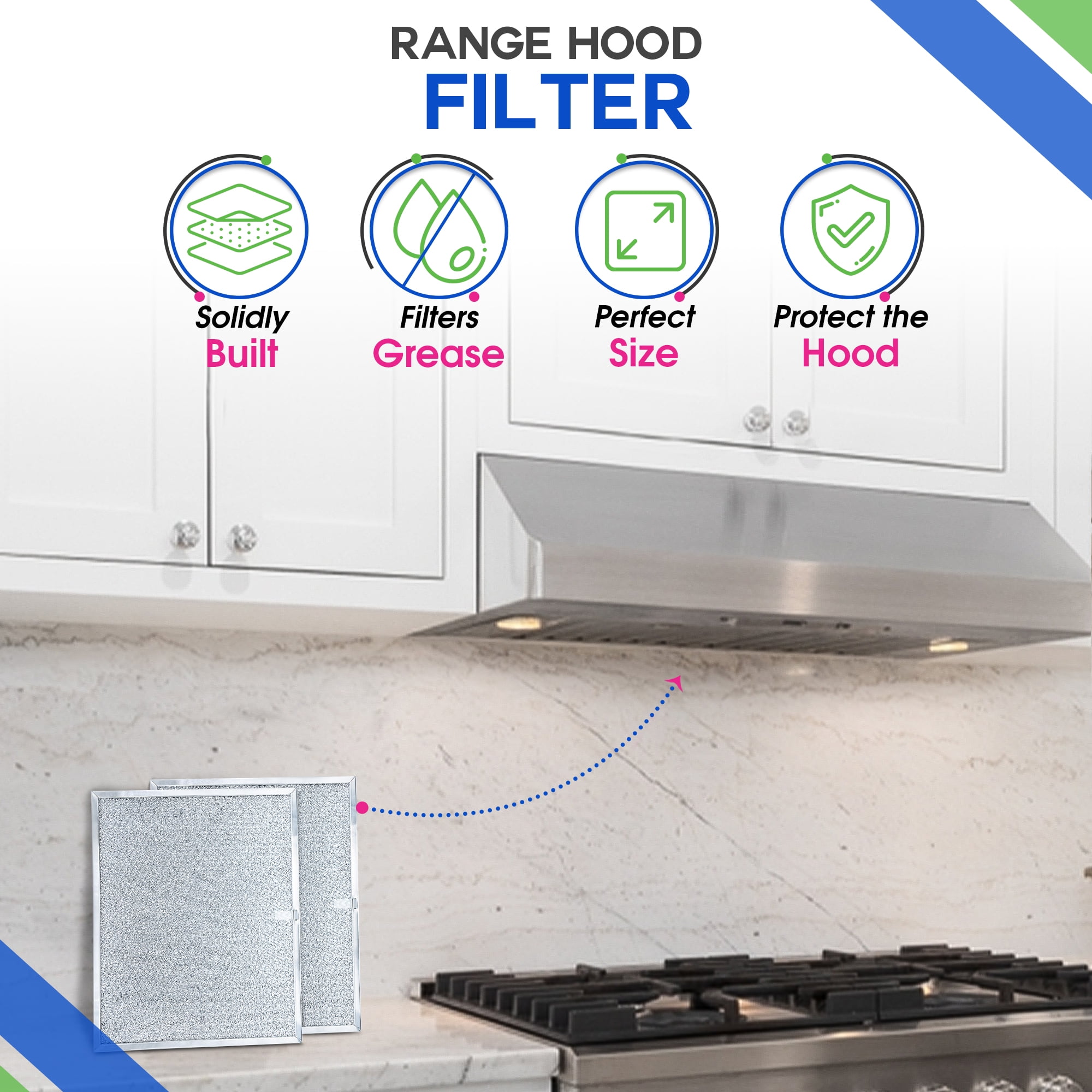 Range Hood Filter Replacement 14.3" x 11.8" for BPS1FA30 Broan Range Hood Filter - Aluminum Mesh Stove Vent Filter - Blocks and Filters Kitchen Air Grease in Oven Overhead Exhaust Fan - (2-Pack)