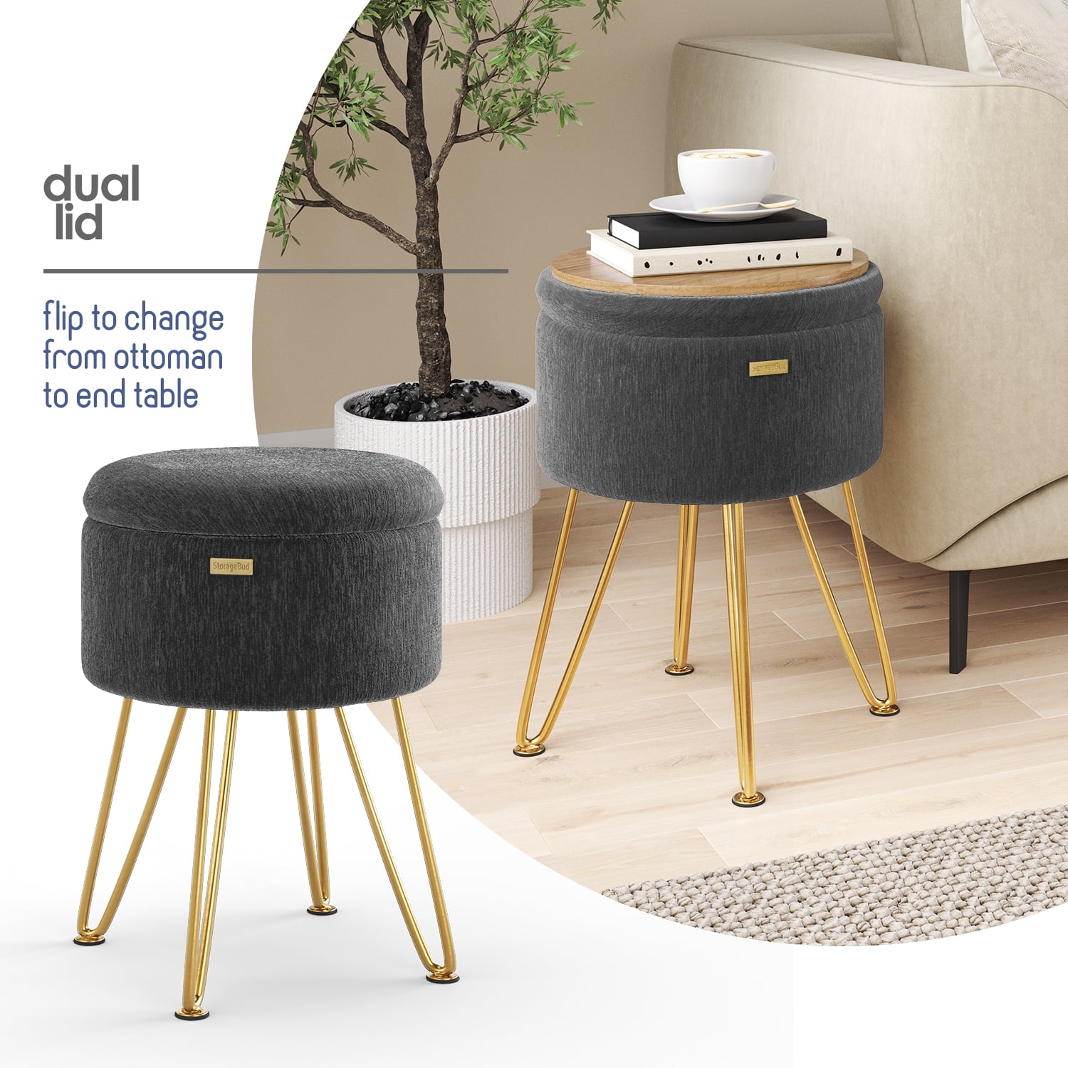 LammaLoe Small Round Ottoman with Storage, Textured Velvet Ottoman Foot Stool with Lid, Upholstered Vanity Stool for Living Room & Bedroom, Gray