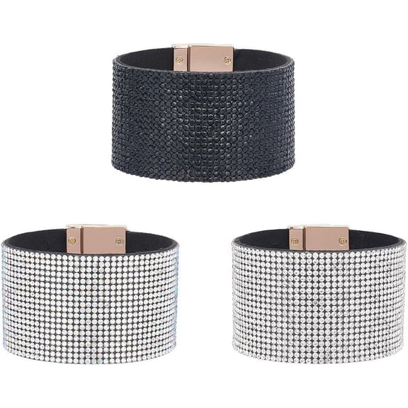 3 Pairs Rhinestone Cuff Bracelets for Women Wide Cord Bracelets Set for Wedding Wide Arm Cuff Bangle for Party Prom Jewelry Sliver Black rhinestone stretch bracelet for Gifts