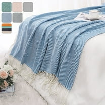 PiccoCasa Bohemian Decorative Throw Blanket With Fringes In Herringbone Design,Farmhouse Outdoor Throws For Sofa Blue