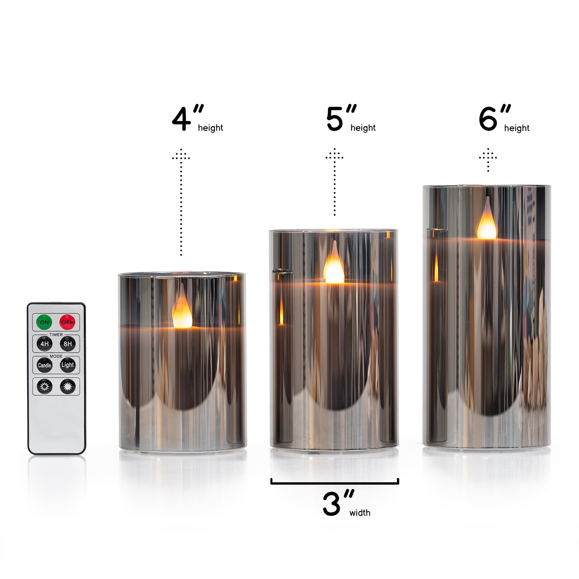 LED METALLIC MIRRORED GLASS FLICKERING FLAMELESS CANDLES - SET OF 3 (4" 5" 6") WITH REMOTE CONTROL
