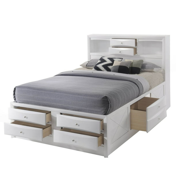 Storage Bed With Bookcase Headboard, White Full Size Storage Bed With Bookcase Headboard