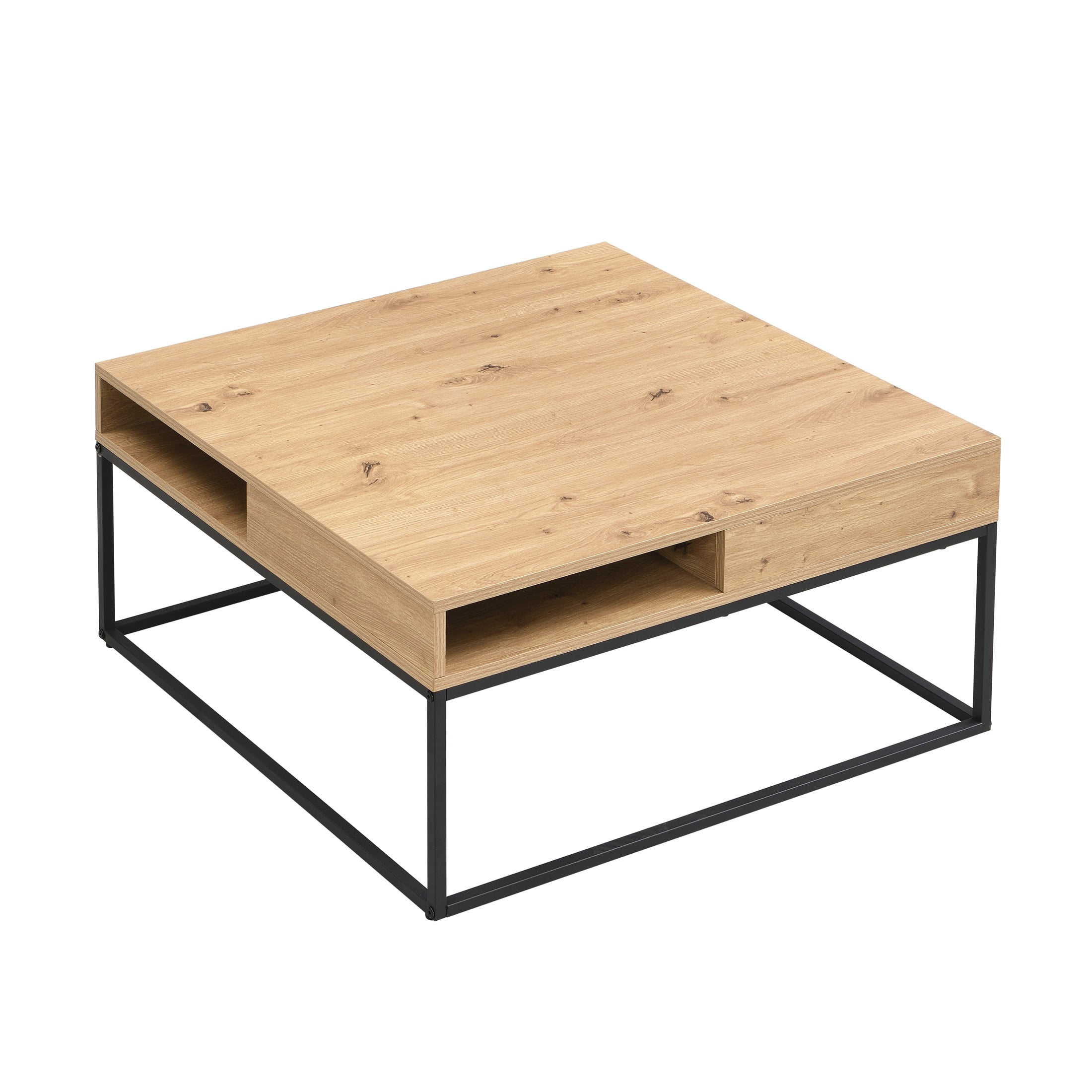Christopher Knight Home 31.5" Square Coffee Table with Open Storage Shelf and Metal Frame, Black+Oak