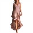 thumbnail image 3 of ClodeEU Women's Sleeveless V Neck Linen Ruffle Hem High Low Maxi Dress,Trendy Boho Summer Sundress Pink,Women's Plus L, 3 of 7
