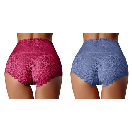 (2-Pack) Kcodviy New High Waist Lady Slim Waist Trainer Plus Size Underwear Women s Thin Hollow Womens Underwear Bikini Lace Ladies Panties Pure Crotch Large Size Belly Briefs