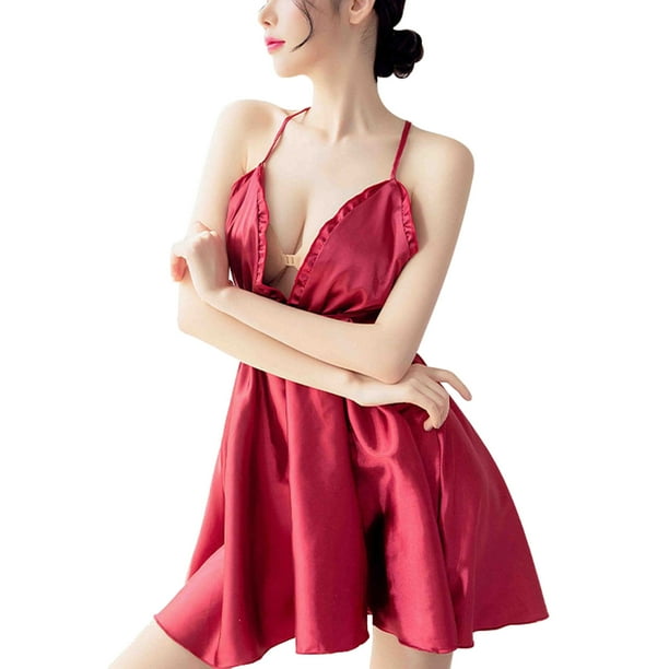 Gibobby Pijama algodón mujer Ropa de dormir de mujer Sexy Satén Ropa de dormir Encaje Chemises Mini Slip completo(Rojo,Talla única)
