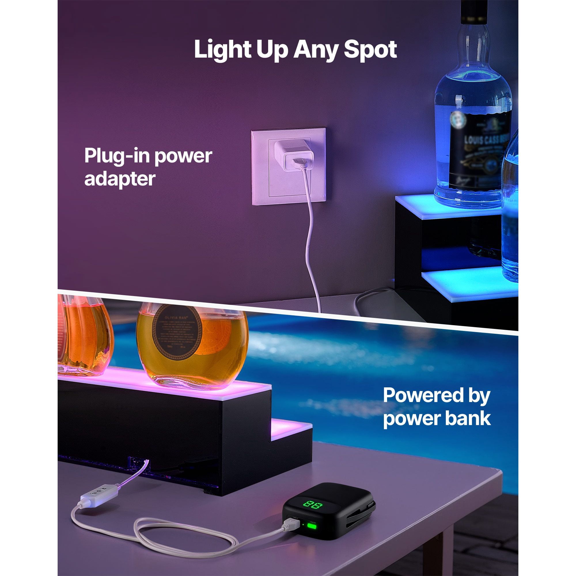 2-Tier LED Lighted Whiskey Rack 20", Acrylic Display Shelf, 9 Static Colors, 22 Dynamic Modes, App & Remote Control, for 10 Bottles Home Bar