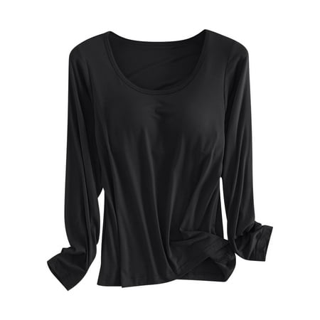 ZSQDM Clearance Womens Pajamas Set Women s With Bra Cup And Cup Integrated Solid Color Minimalist Women s Bottom Long Sleeved Shirt And Underwear Black L