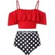 thumbnail image 1 of Conjunto de bikini con volantes de cintura alta,Trajes de baño con control de barriga para mujer,Hombros descubiertosXL, 1 of 5