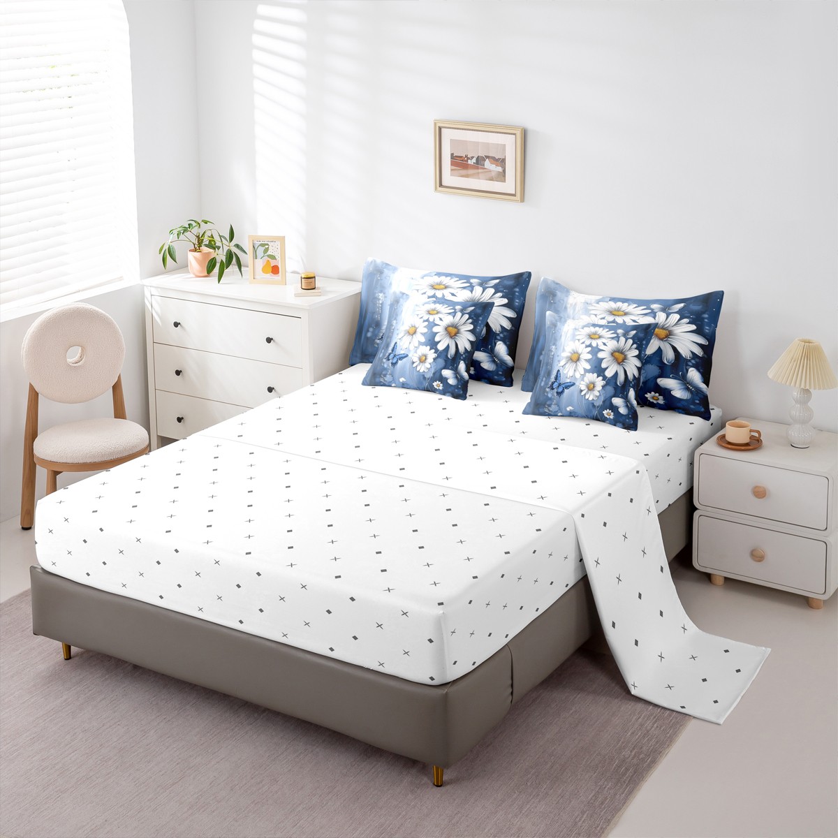Homewish Cute Cartoon Daisy 7 Pieces Bedding Comforter Set,Rustic Flower Butterfly Full Bedding Set,Blue White Fitted Sheet Flat Sheet For Girls Kids,Microfiber Bedroom Decor Reversible