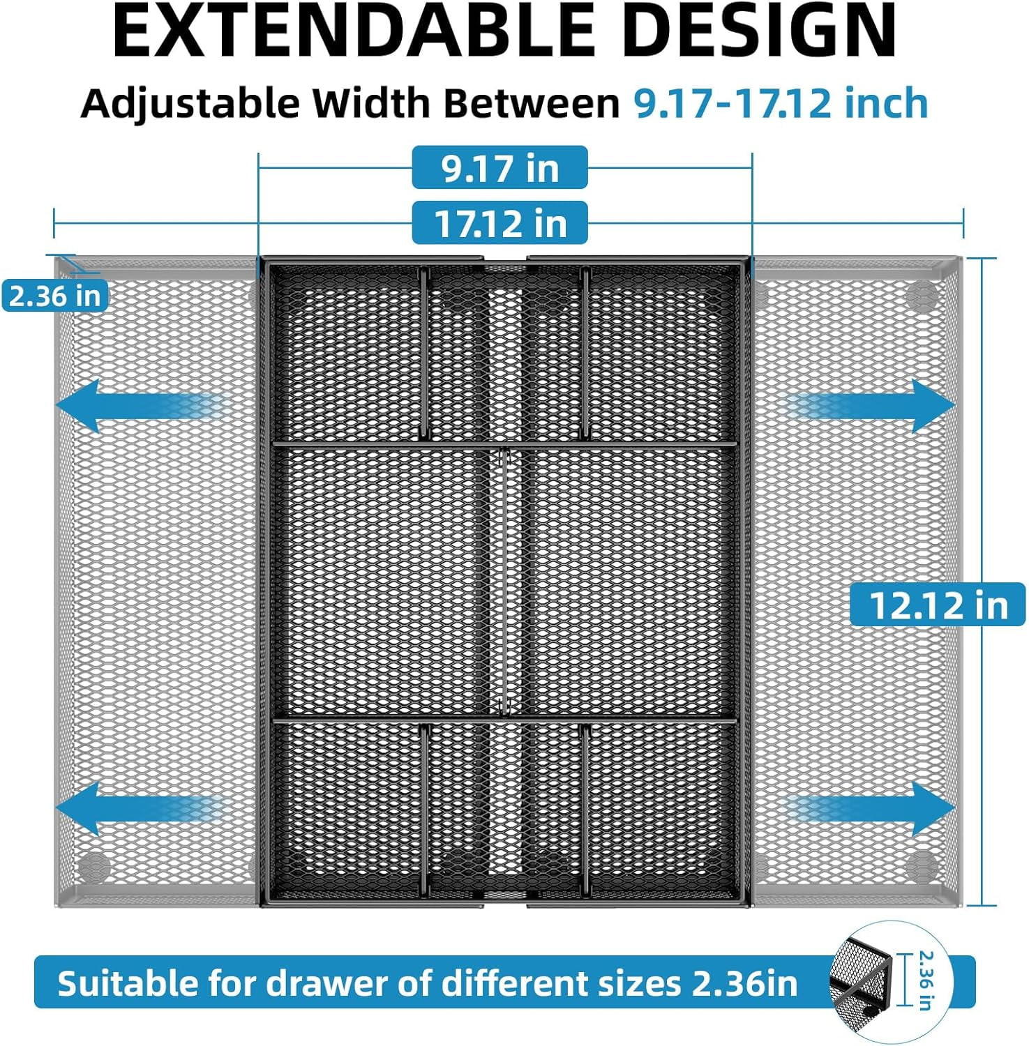 Expandable Desk Drawer Organizer, Mesh Drawer Organizer Tray with 10 Adjustable Compartments, Desk Organizers and Accessories for Office Supplies, Makeup & Vanity (Expandable Black-2 pack)