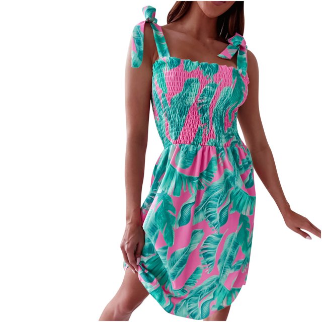Robe Bohème pour Femmes Bretelles Nouées Imprimé Floral Robe d'Été Smockée Décontractée Ligne A Swing Plage Fête Mini Robe