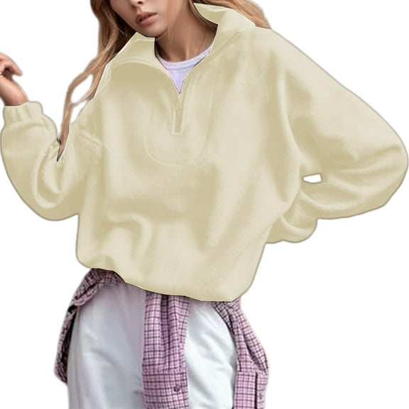 Fiaer Womens Sweatshirts Quarters Zip Pullovers V-Neck Long Sleeve Lapel Collared Solid Color Trendy Tops Yellow S