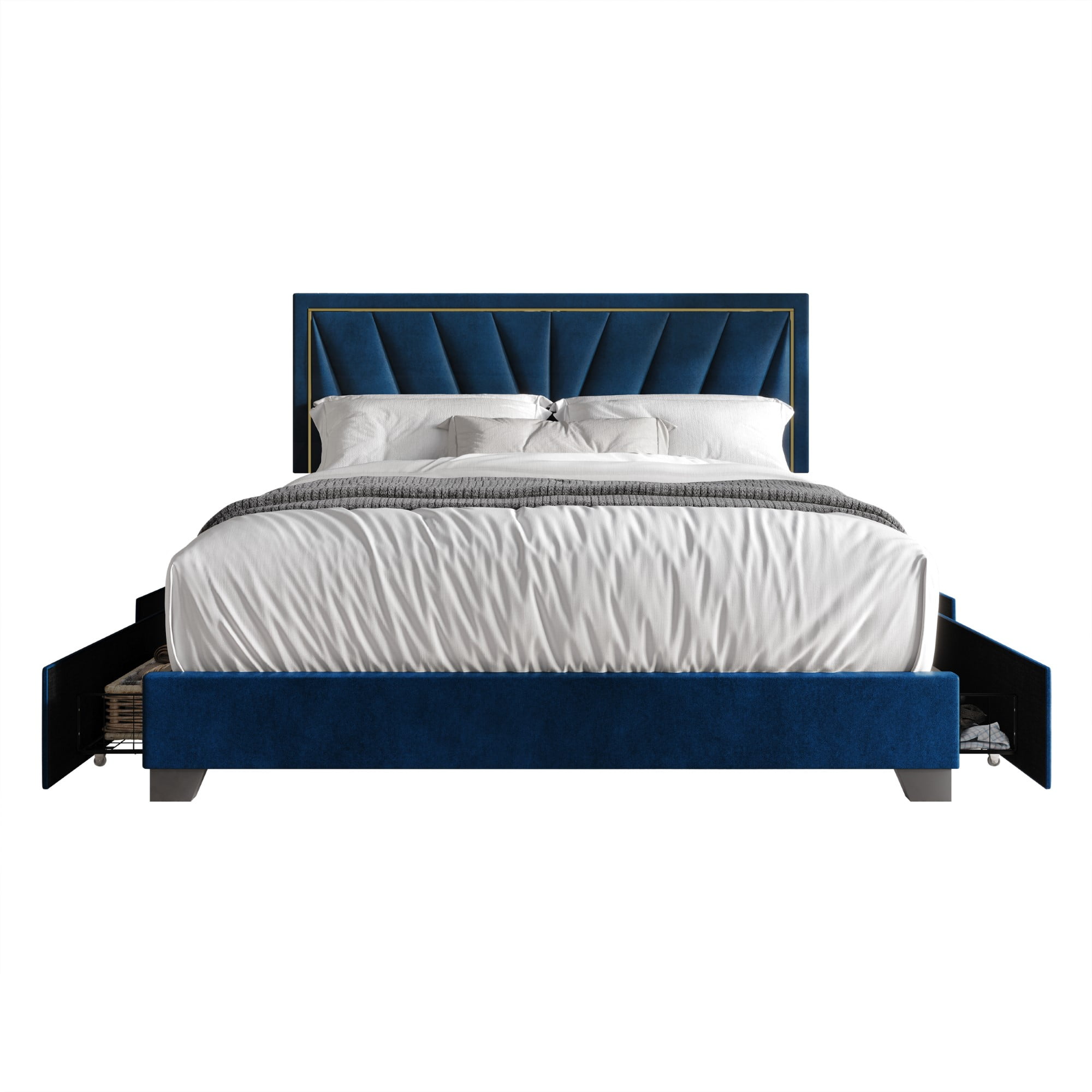 Home Design Valdez King Upholstered Storage Platform Bed Frame with Gold Aluminum Trim and Four Under-Drawers, Blue, Easy Assembly