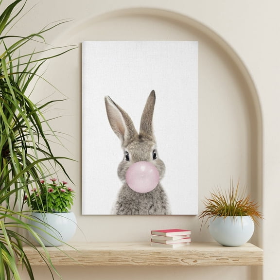 WFSposter Bubblegum Bunny Framed Canvas Wall Art by Outstanding Painter, Whimsical Baby Animal Art for Home Decoration