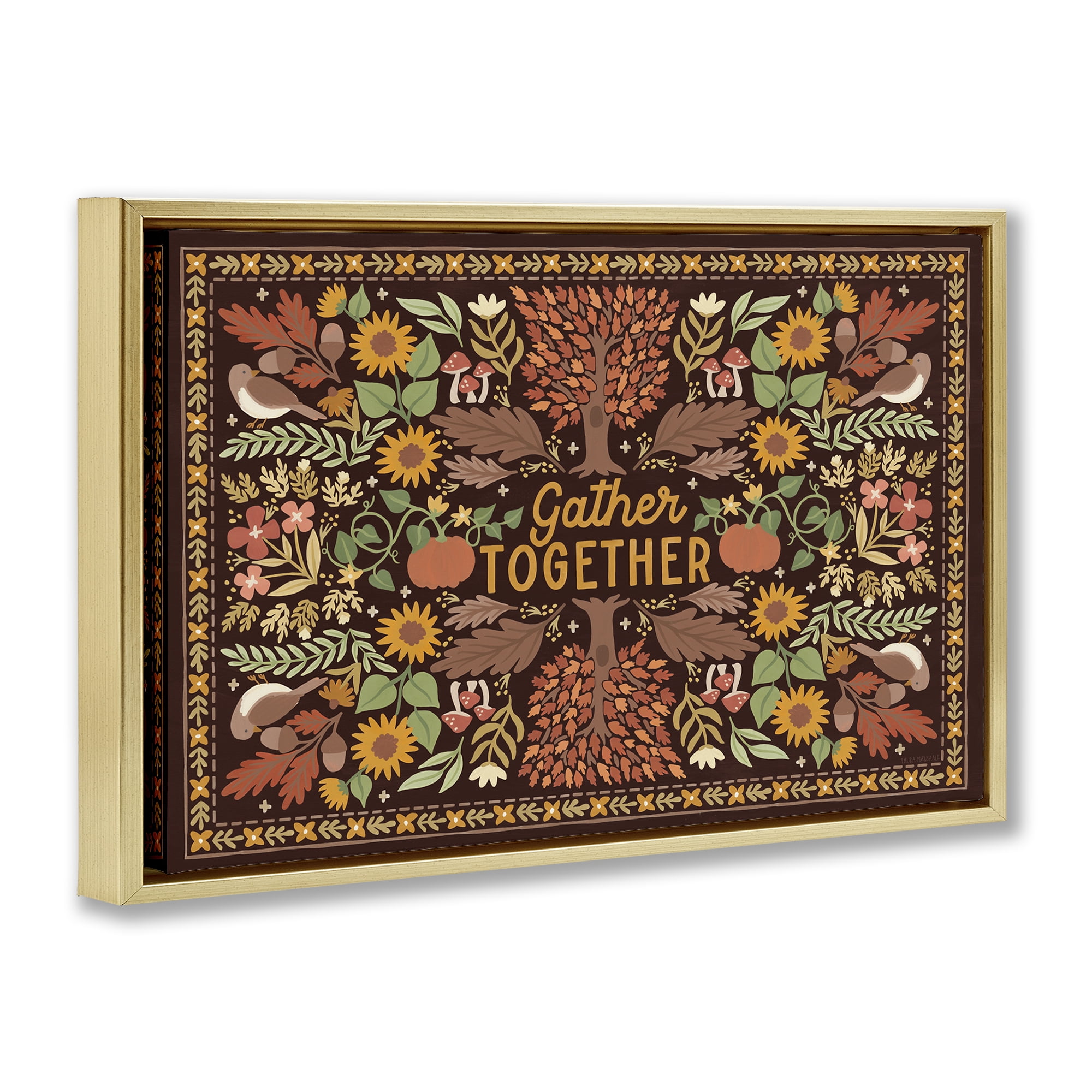 Stupell Industries Gather Together on Brown Landscape Painting Gold Floater Framed Canvas Art Prints Wall Art, 25 x 17