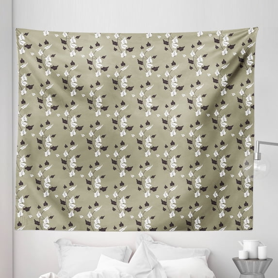 Floral Tapestry, Wildflowers Pattern Contrasting Colors Curvy Branches Natural Theme, Fabric Wall Hanging Decor for Bedroom Living Room Dorm, 5 Sizes, Khaki White Dark Brown, by Ambesonne