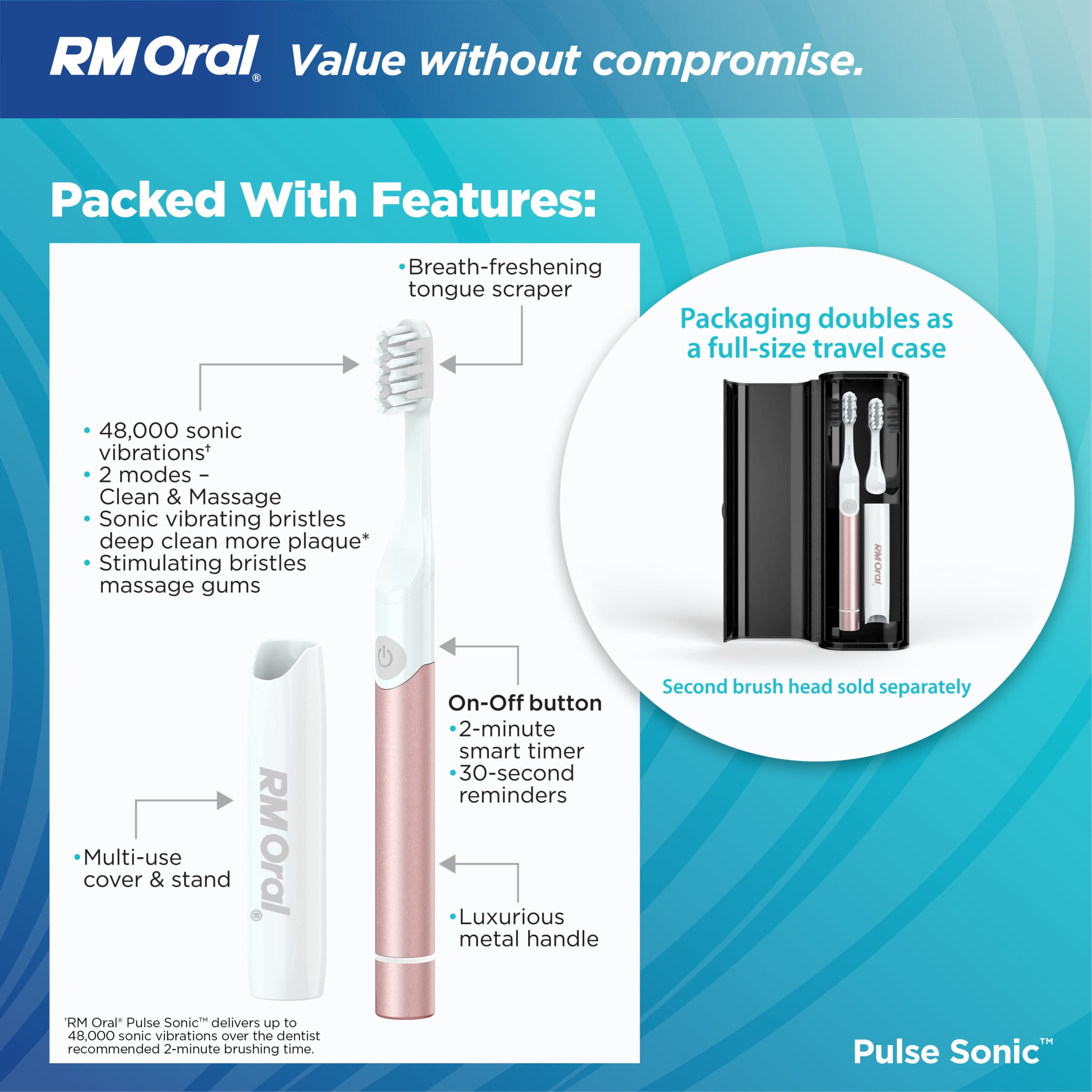 RM ORAL Pulse Sonic Powered Toothbrush, Metal Handle, Case, Soft - Rose-Gold