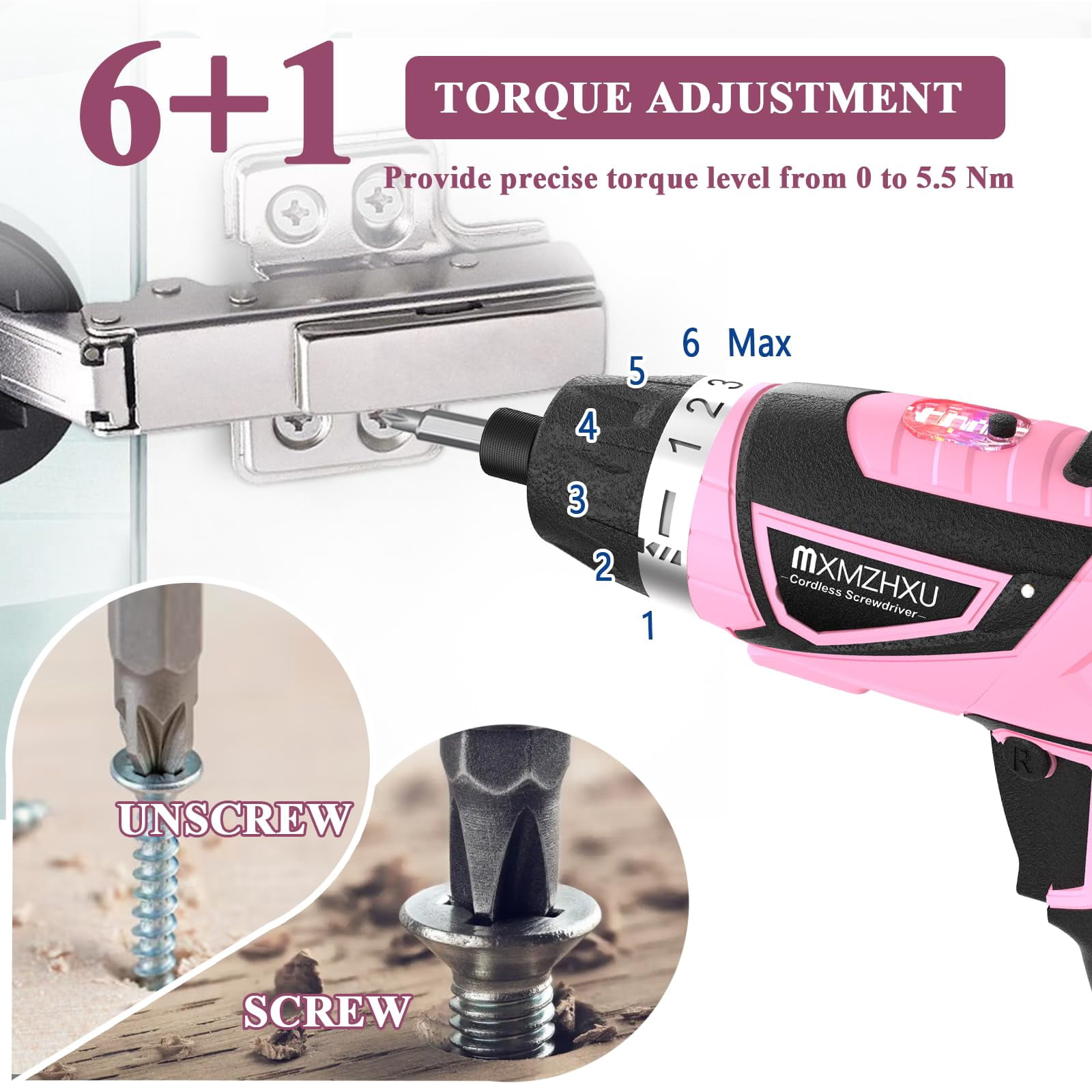Cordless Screwdriver, 47 in 1 Rechargeable Electric Screwdriver with LED Light, 8V Rechargeable Screw Gun, 5.5 N.m Drill Drivers Ideal for Furniture Assembly, Home DIY Projects (Pink)