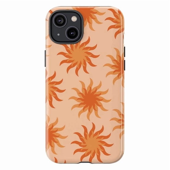 Retro Orange Sun Pattern iPhone Case, Vintage Boho Sunburst Design on Peach Background, Protective Hard Cover for iPhone 16 15 14 13 12 11 Pro Max Plus Mini