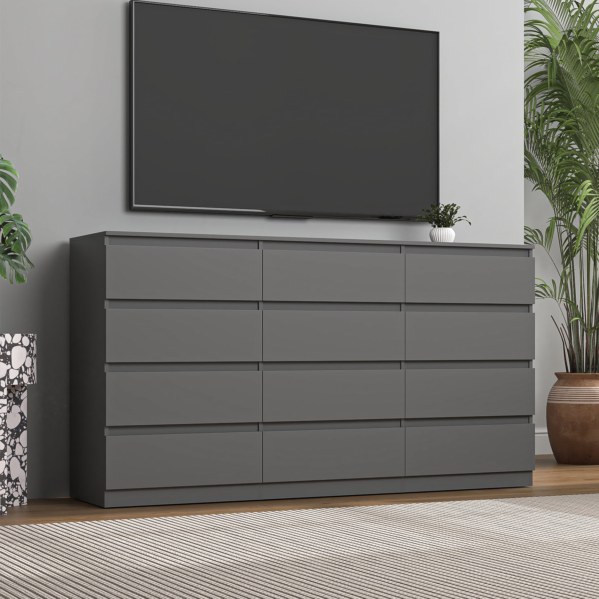 Demi Bonn 12 Drawer Double Dresser, Modern 12 Chest of Drawers with Deep Drawers, Wide Storage Organizer Cabinet for Living Room, Gray