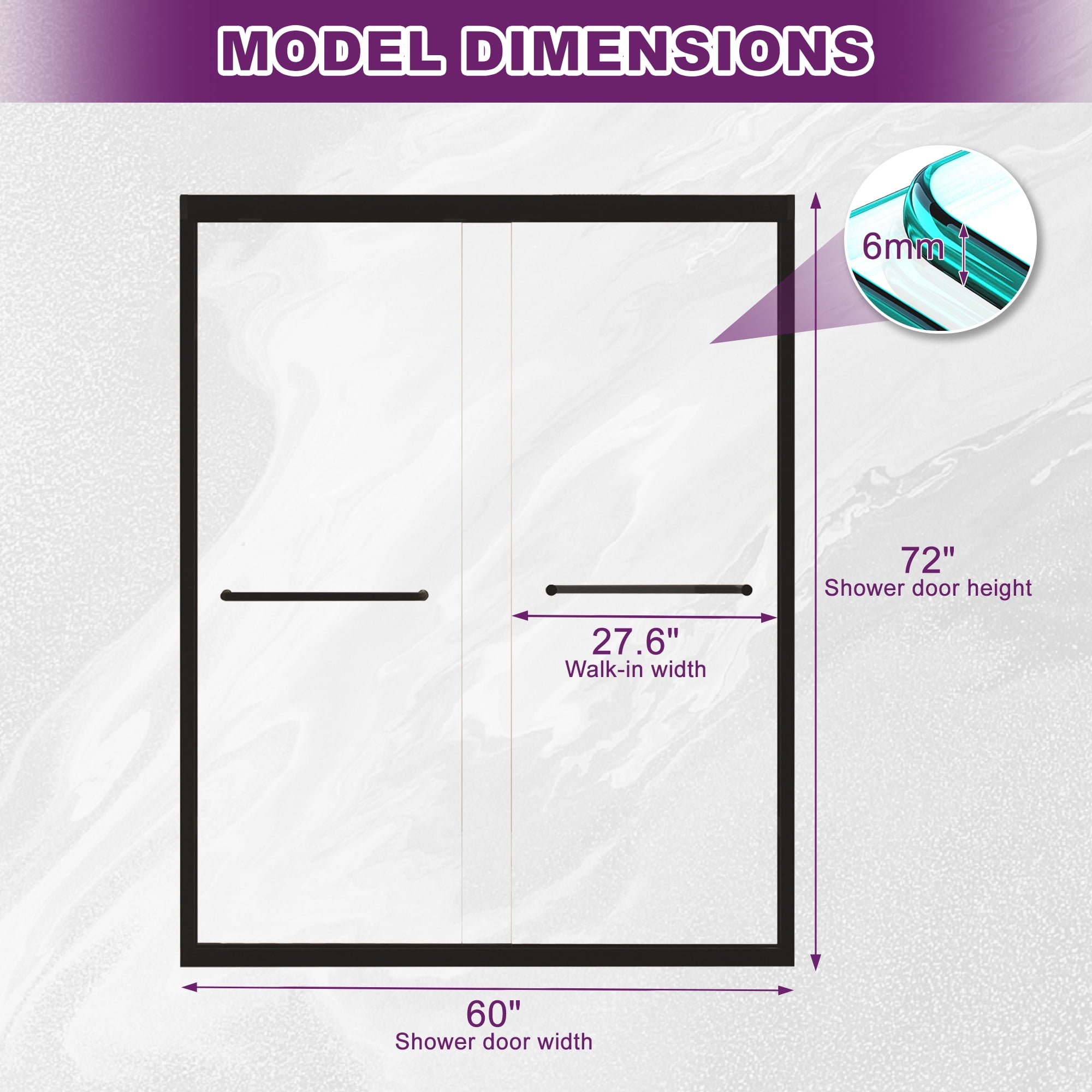 MAYEERTY 60x72in Sliding Shower Door, Aluminum Tempered Glass Shower Door, Shower Door with Anti-Water Seal, Matte Black