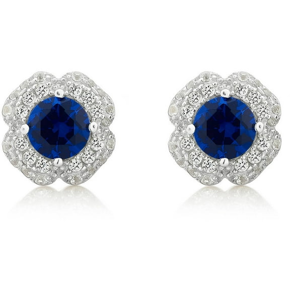 Arista Created Blue and White Sapphire Gemstone White Flower Frame Women's Stud Earring in Sterling Silver