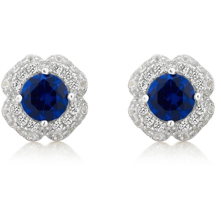 Arista Created Blue and White Sapphire Gemstone White Flower Frame Women's Stud Earring in Sterling Silver
