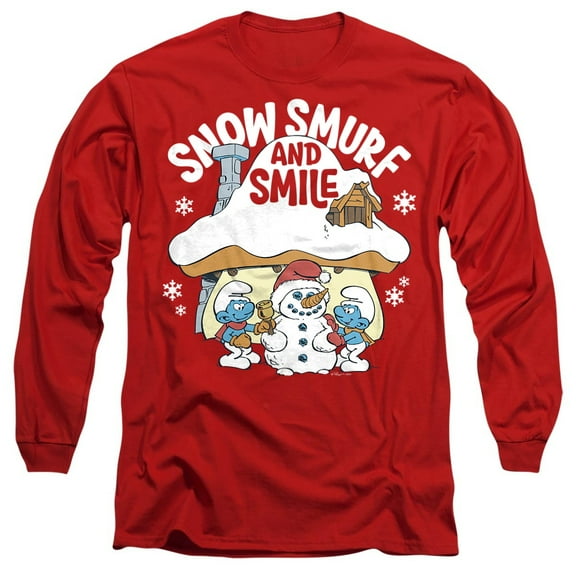 Smurfs Christmas Snow, Smurf And Smile Unisex Adult Long-Sleeve T Shirt, Red, X-Large