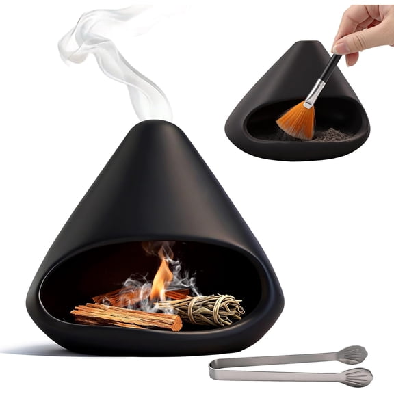 Palo Santo Holder Incense Burner, Handcrafted Palo Santo Sticks and Sage Burner with Chimney, Mini Chimenea Incense Burner for Yoga Meditation Room Home Decor, Dust Brush,Metal Tweezer