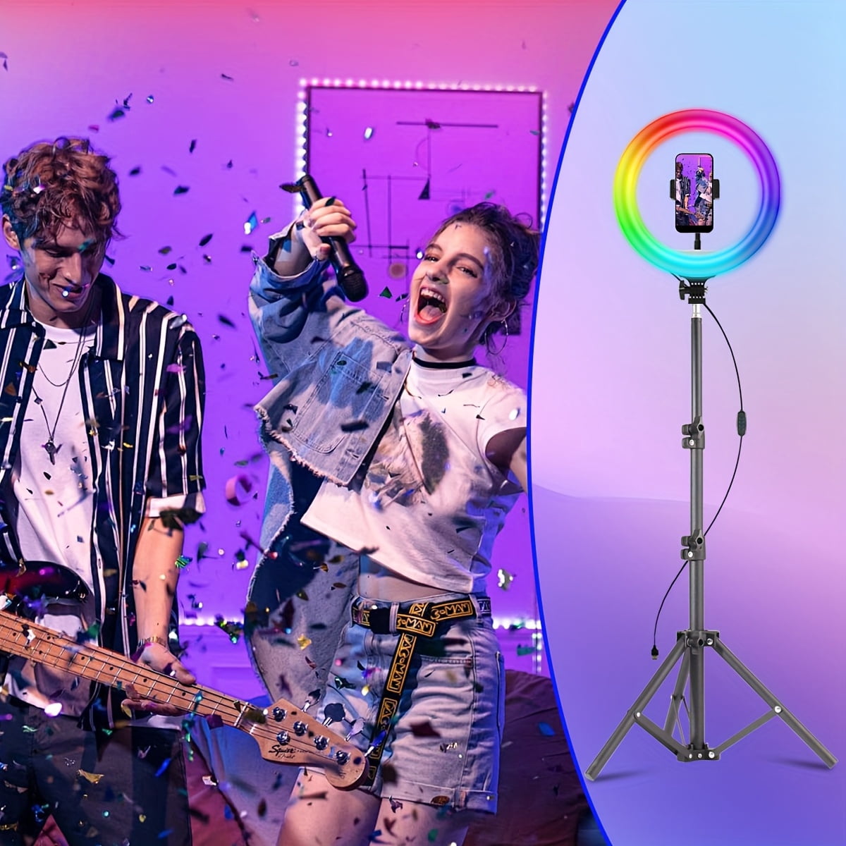10-inch RGB LED Ring Light with Stand, Compatible with Tripods up to 43", Includes 2 Phone Mounts, 5000K Color Temp - Ideal for Live Streaming, Makeup, YouTube, TikTok & Vlogging.