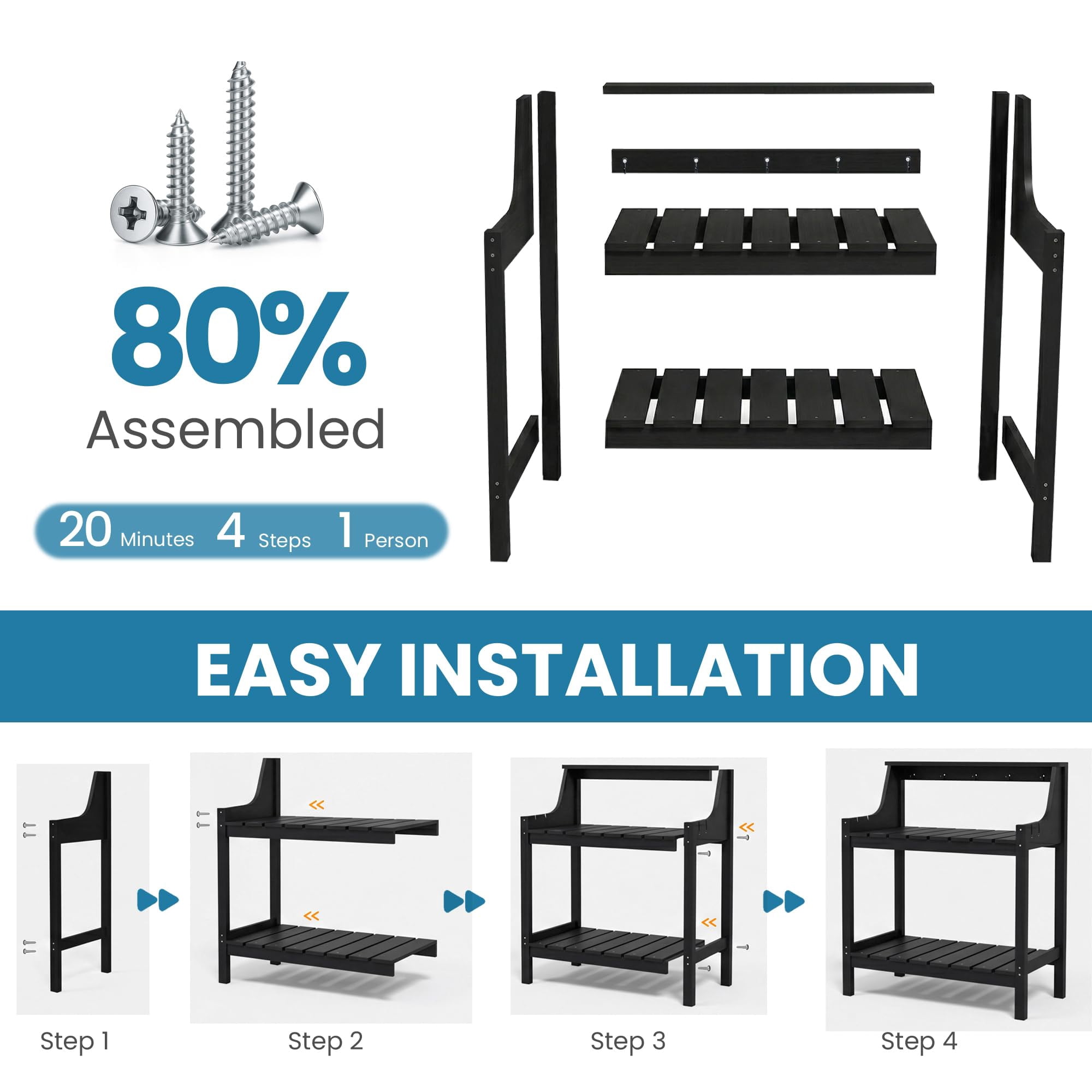 Potting Benches for Outside, HDPE Garden Potting Table All Weather, Outdoor Potting Table with Storage for Patio, Backyard, Garden, Black