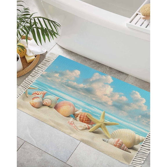 Nautical Coastal Bath Rug 2x3ft Woven Bathroom Entryway Runner Rug,Summer Beach Shell Conch Starfish Blue Washable Living Room Hallway Bedroom Kitchen Carpet with Tassels,Indoor Outdoor Doormat