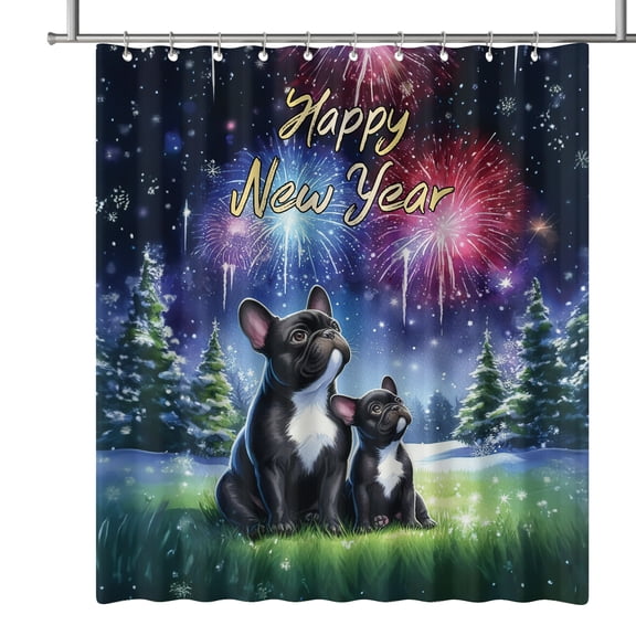 Happy New Year French Bulldog Family Cheer Winter Midnight Firework Shower Curtain Dog Lover Gifts Waterproof Bathroom Bathtub Curtain - 02025