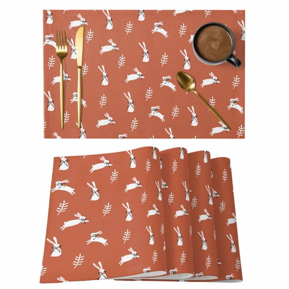 Burnt Orange Spring Easter Placemats Set of 4, Cute Bunny Botanical Placemats for Dining Table, Place Mats for Kitchen Tabletop, Waterproof Wipeable Dining Table Mats Set