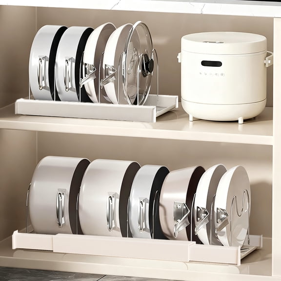 XMZHOU Expandable Pot Lid And Dish Organiser - 7 Stainless Steel Adjustable Dividers, Kitchen Countertop Rack For Cake Molds, Cutting Boards, Mats, Cookware, Cabinet, White