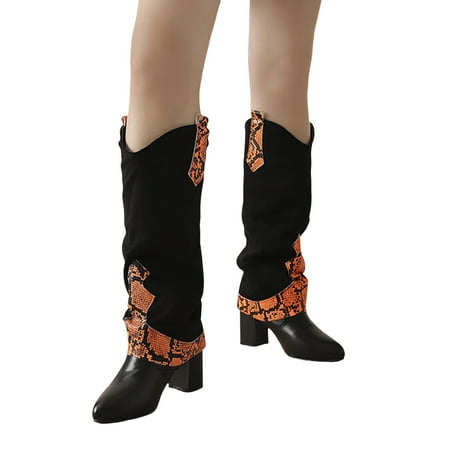 Mid-Calf Boots with Flat Heels Ladies Ethnic Style Splicing Boots Heel Pointed Toe High Heeled Pants Pipe Boots Large Size Thigh High Boots Mid Calf Boots