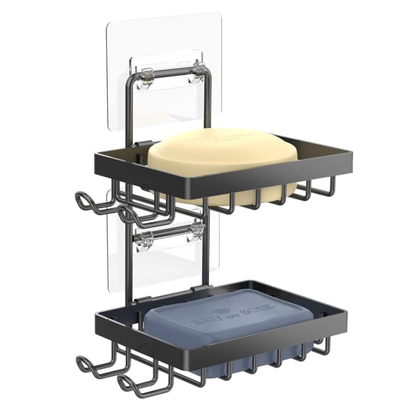 Appoft Double Soap Bar Holder for Shower, No Drilling, 304 Stainless Steel, Wall Mounted Soap Holder with 4 Hooks and Razor Holder, Shower Rack Soap Tray Bar Soap for Bathroom Accessories Organizer