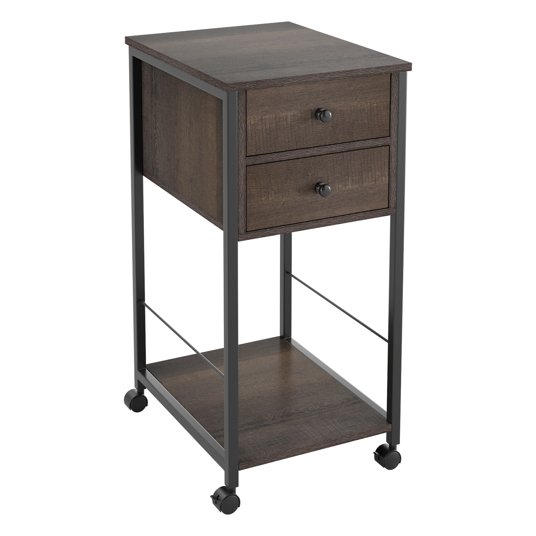Homecho End Table with Wheels and 2 Storage Drawers, Small Metal Side