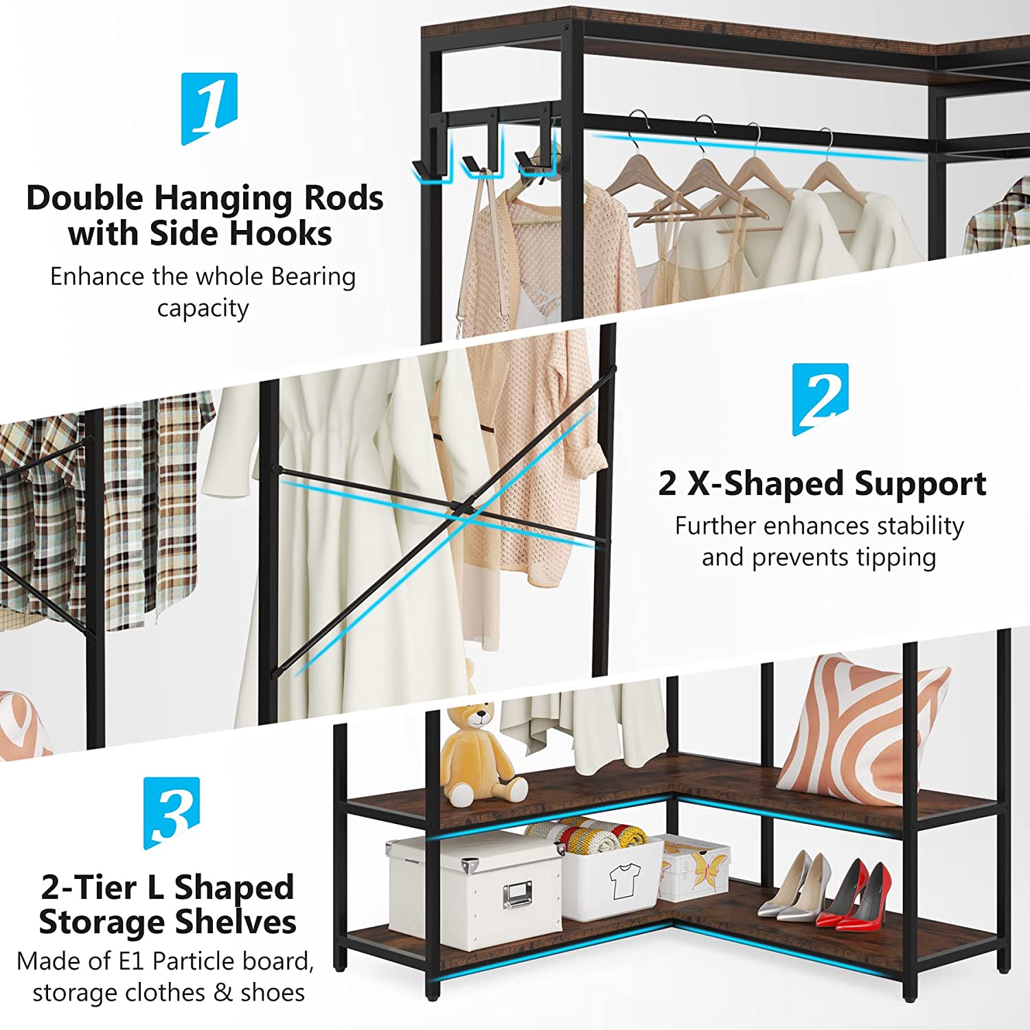 Tribesigns L Shaped Garment Rack, Heavy Duty Corner Closet Organizer with  Hanging Bars, Storage Shelves and Hooks, Rustic Brown