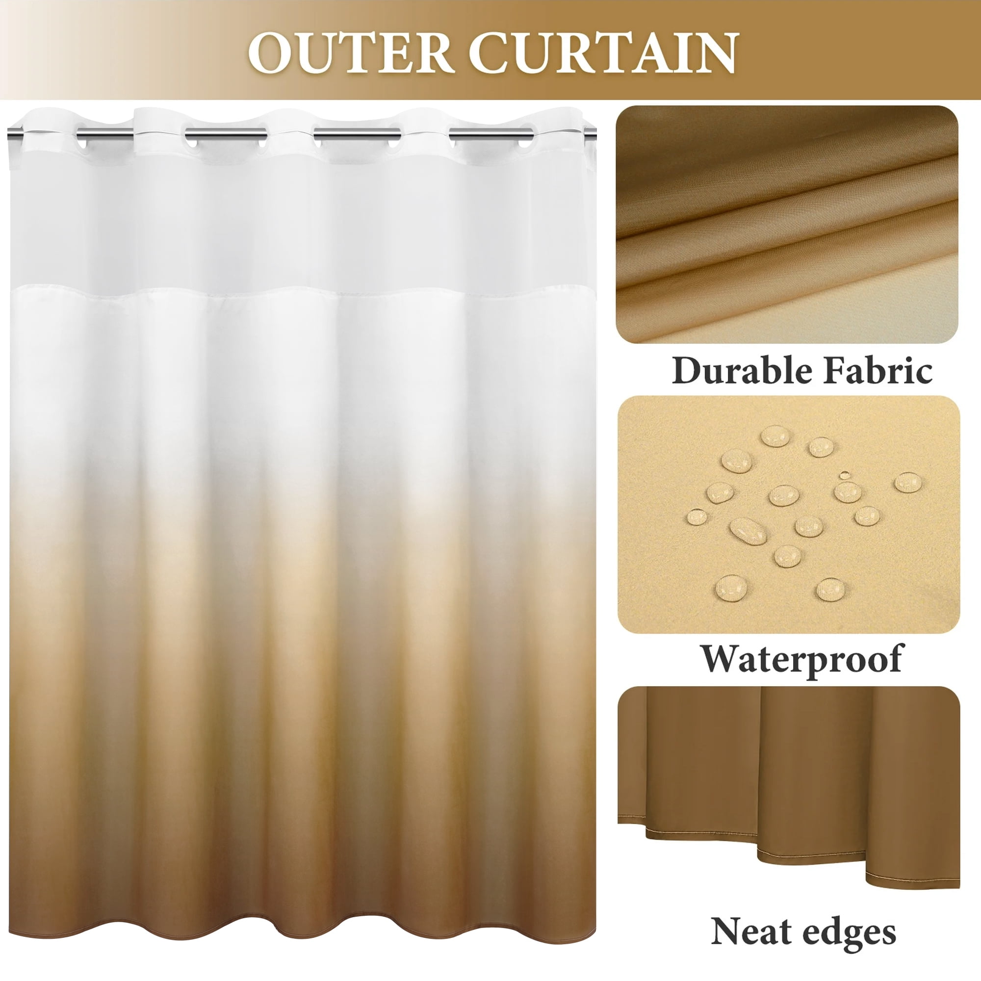 Ikfashoni Ombre Hookless Shower Curtain with Snap in Liner, Brown No Hook Waterproof Fabric Bath Curtain, 71"X74"