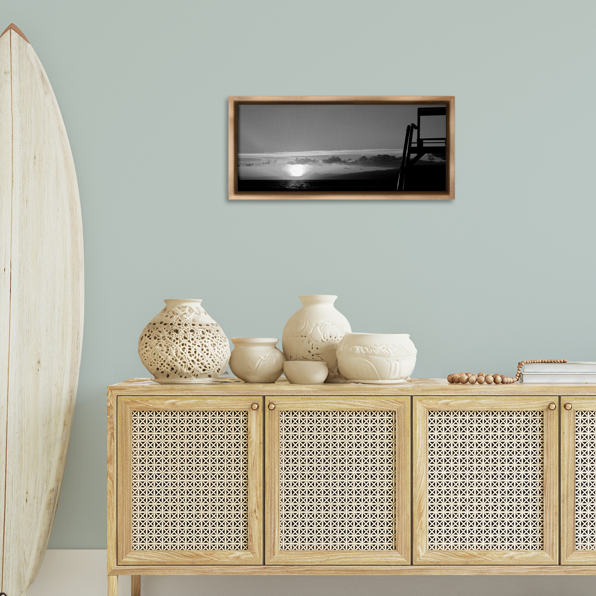 Stupell Industries Sunlit Lifeguard Station Landscape & Nature Photography Brown Floater Framed Canvas Art Print Wall Art, 31 x 14