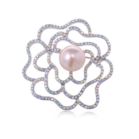 Silver Tone Aurora Borealis Rhinestone Flower Rose Stencil Faux Pearl Pin Brooch
