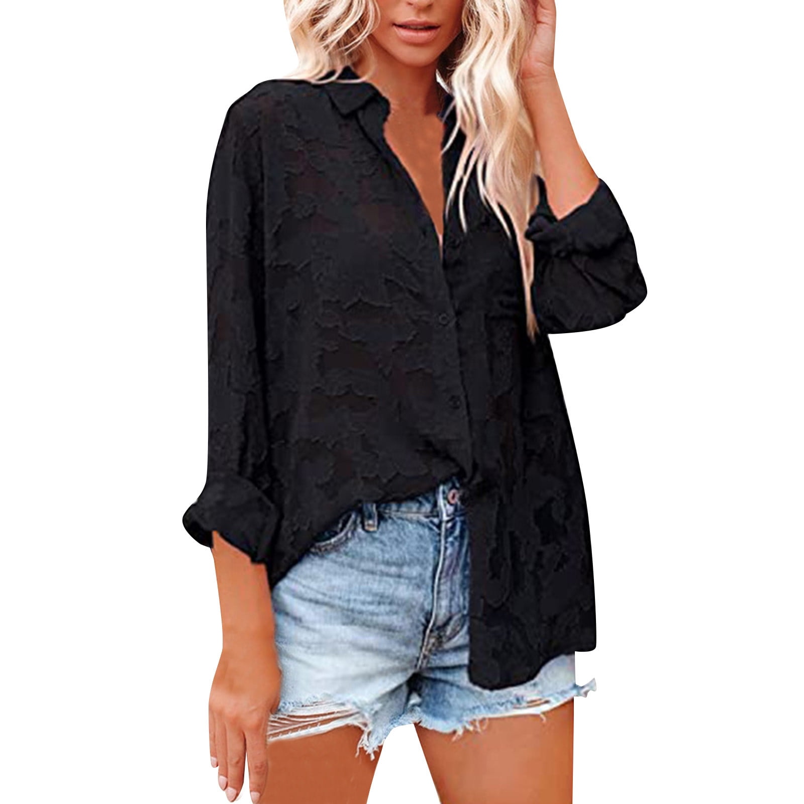 Spring Summer Women Blouse Printed Long Sleeve Solid Color Shirt Casual ...