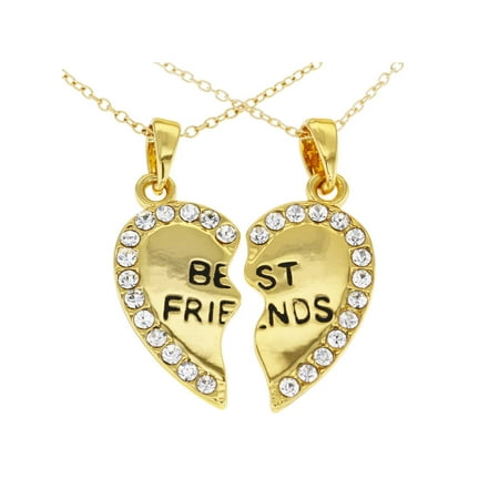 14k Gold Plated Best Friends Forever Clear Crystals Heart Necklace Pendant 19"