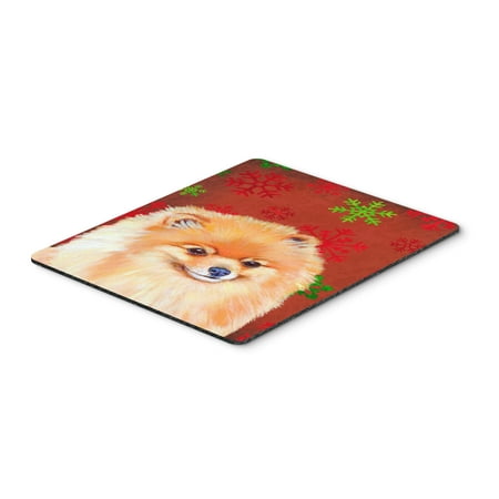 Pomeranian Red and Green Snowflakes Christmas Mouse Pad, Hot Pad or Trivet