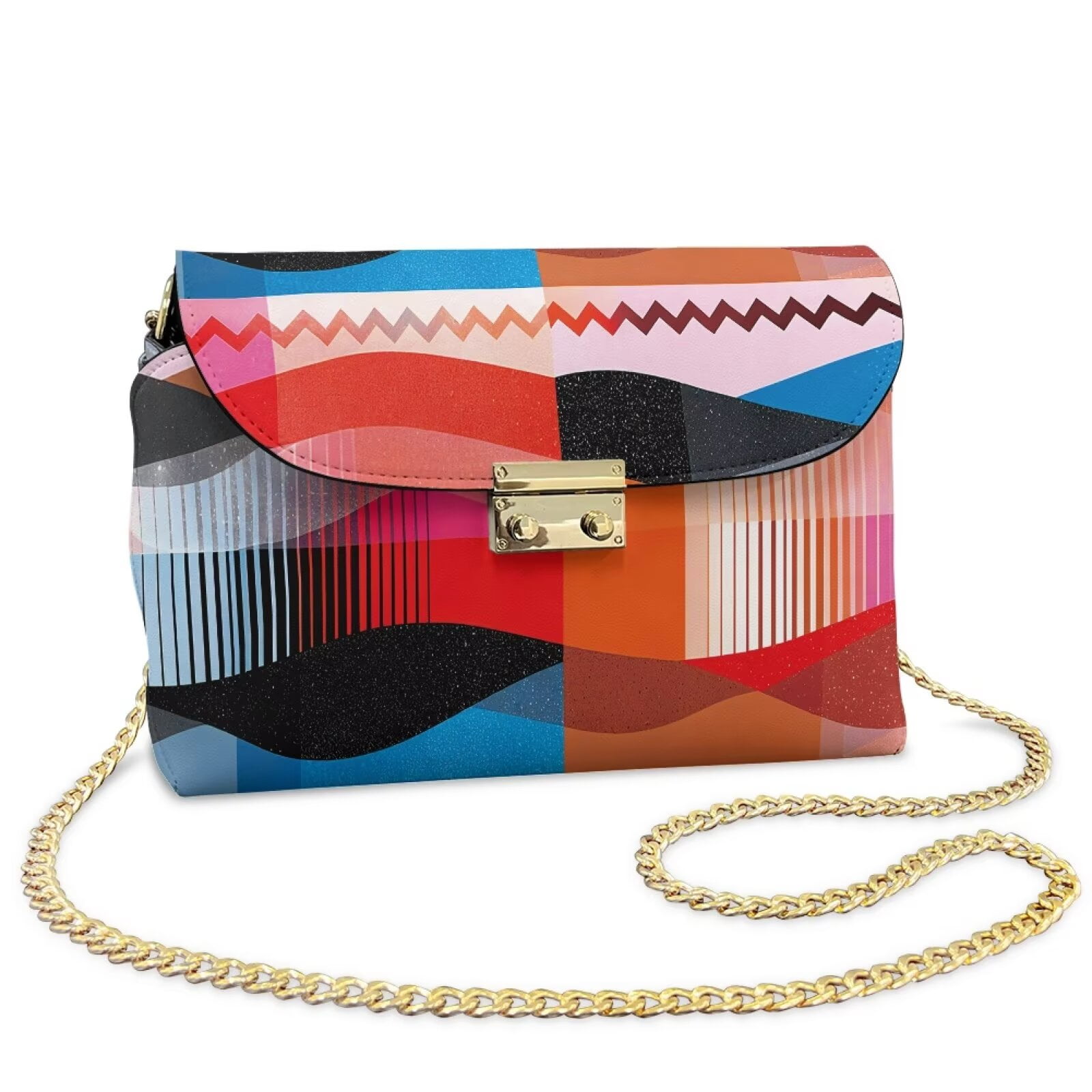 KUIFORTI Abstract Geometric Print Leather Crossbody Bag Portability Medium Flap Crossbody Handbag with Chain Strap Trendy Casual Shoulder Bag for Women for Camping Parties
